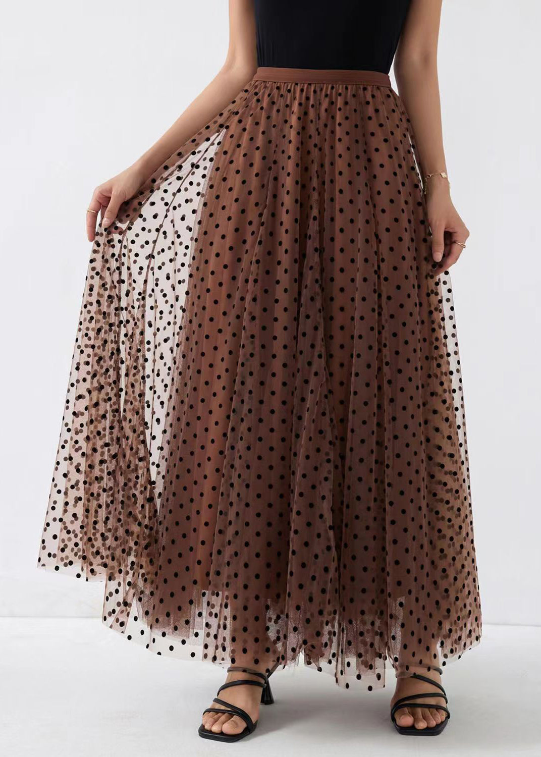 Coffee Dot Wrinkled High Waist Tulle Skirt Spring