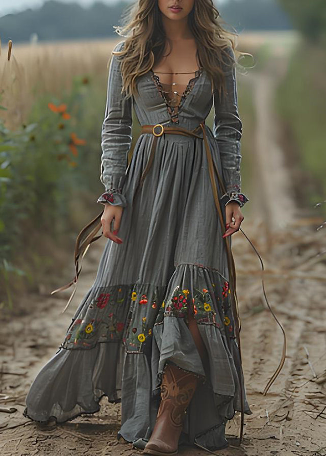 Print Wrinkled Patchwork Cotton Long Dresses Spring