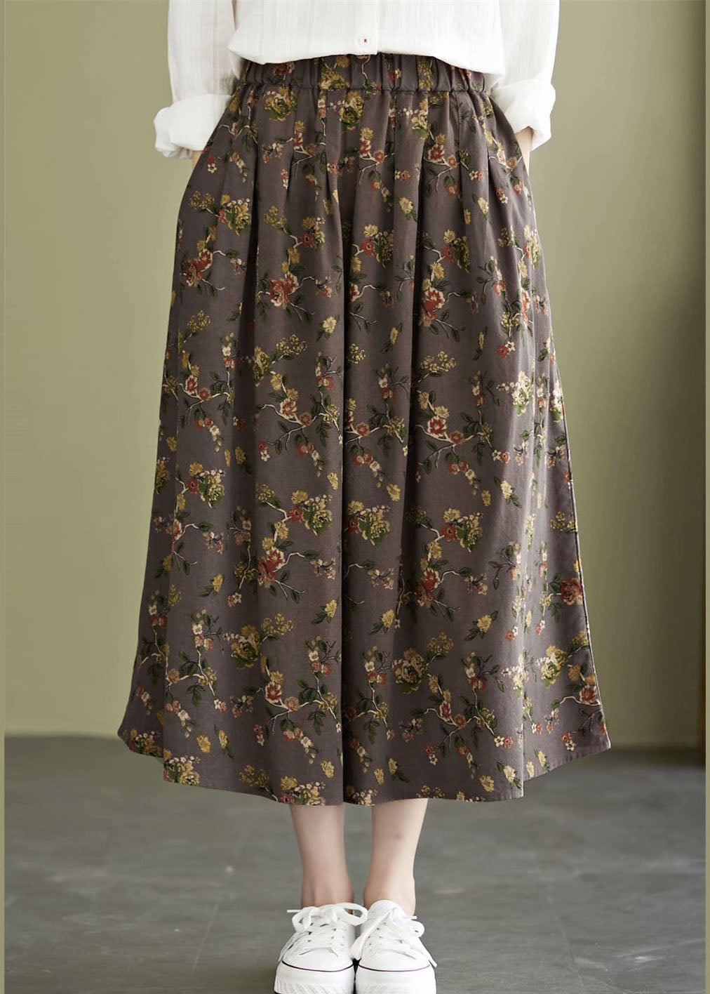 Classy Coffee Elastic Waist Print Cotton a Line Skirt Fall