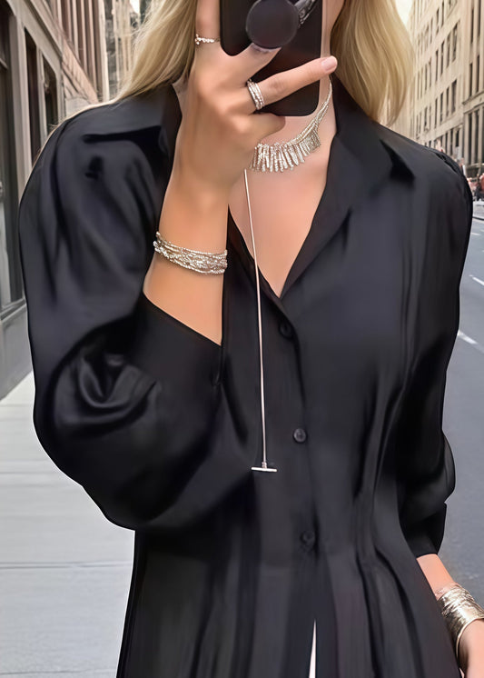 Black Oversized Wrinkled Chiffon Shirt Dresses Summer
