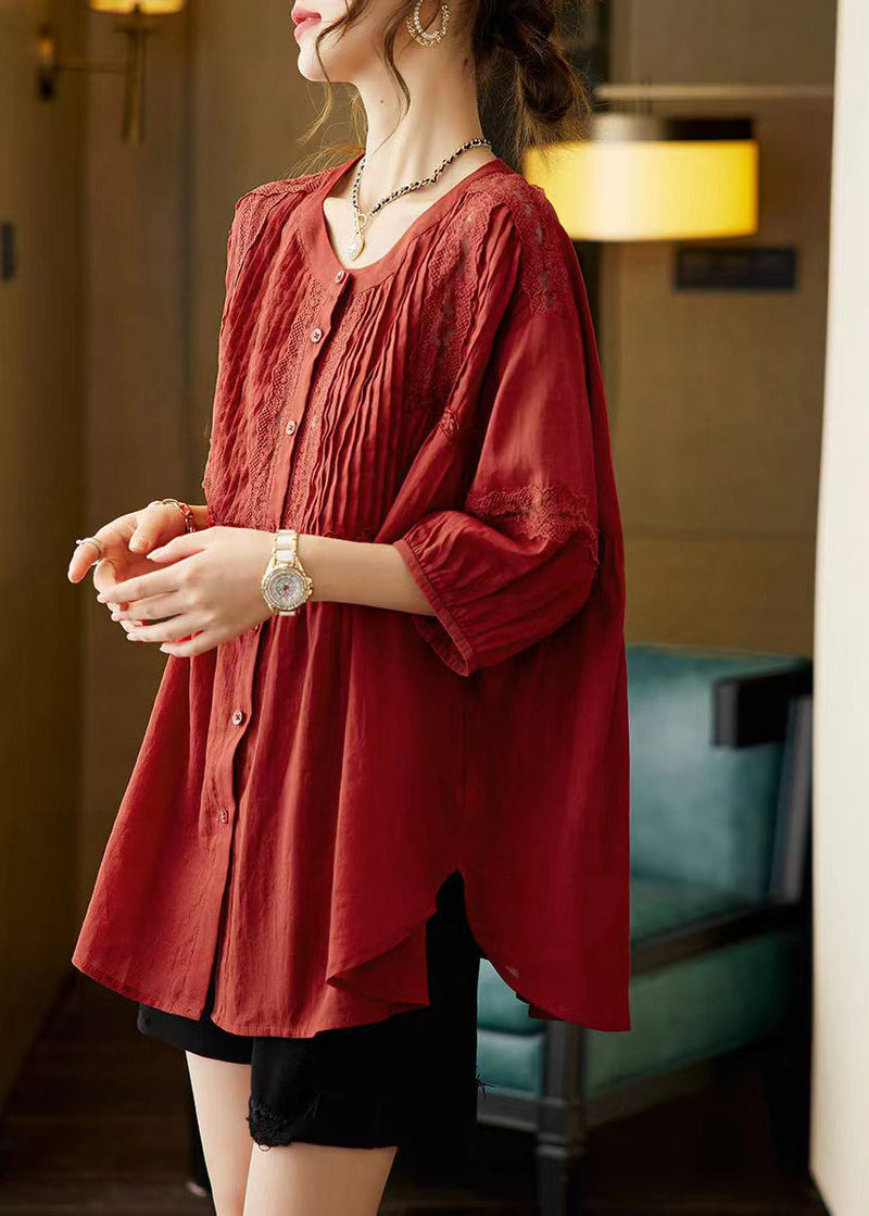 Mulberry O-neck Patchwork Wrinkled Shirts Bracelet Sleeve