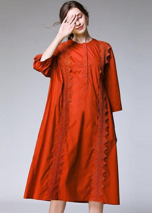 Modern Orange Embroideried Patchwork Fall Cotton Vacation Dress Three Quarter Sleeve