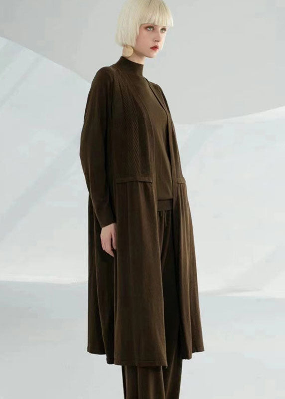 Simple Coffee Green V Neck Patchwork Wool Loose Cardigan Long Sleeve
