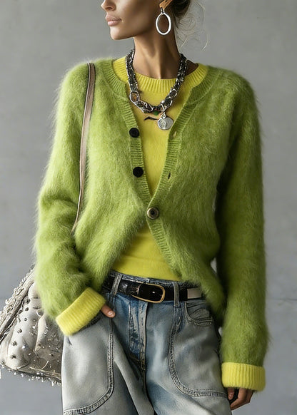 Green V Neck Cotton Knit Cardigan and Top Two Pieces Set Spring