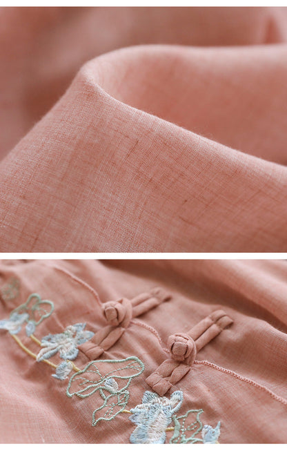 Double Cotton Linen Embroidered Buckle A-line Skirt