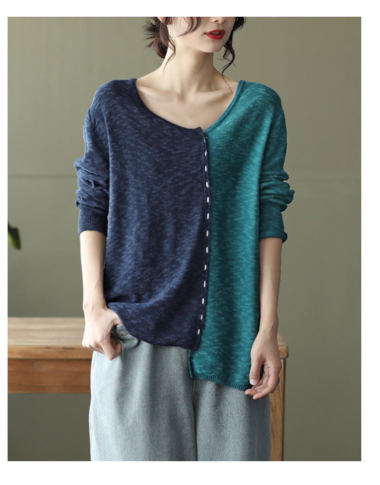 New Literary Retro Color Matching Knitted Top