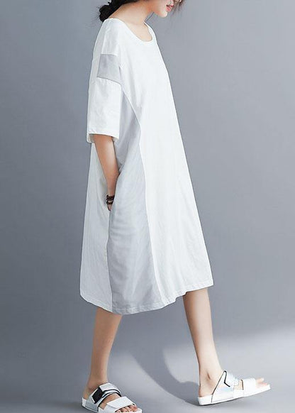 100% O Neck Patchwork Cotton Tunics for Photography White Long Dresses Summer