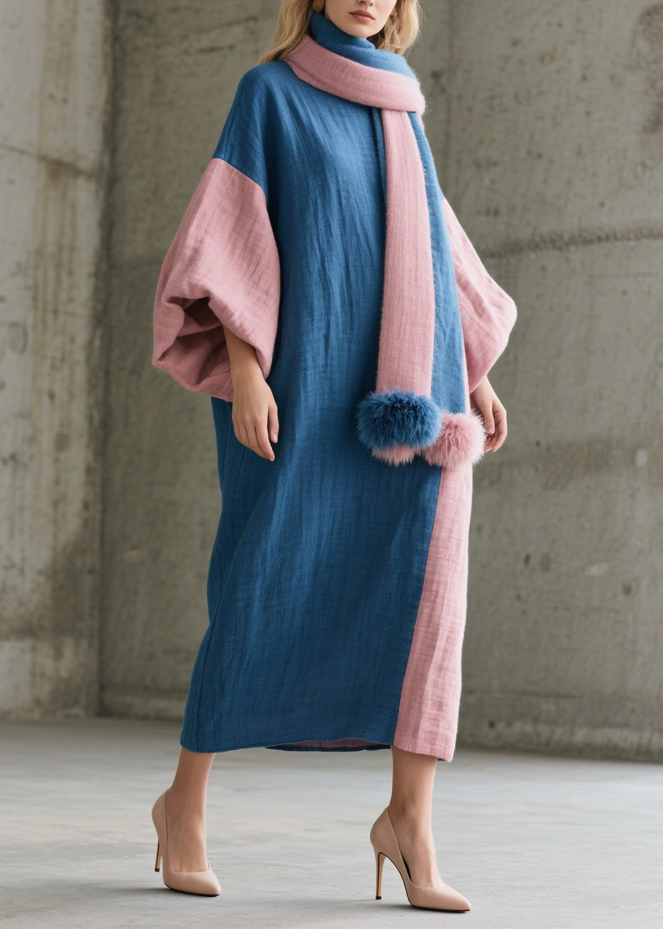 Colorblock O Neck Patchwork Cotton Robe Dresses Fall