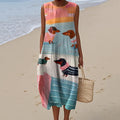 Comstylish Retro Cute Dachshund Sausage Dog Art Linen Tank Midi Dress