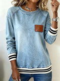 Women'S Casual Contrast Color Denim Patchwork Long-Sleeved Top 
