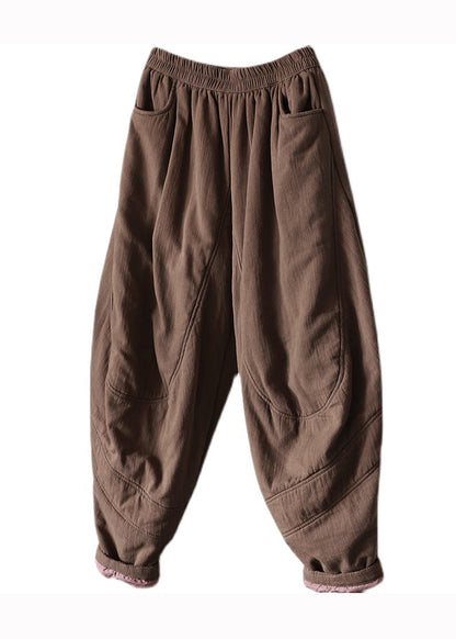 Coffee Pockets Patchwork Fine Cotton Filled Pants Winter