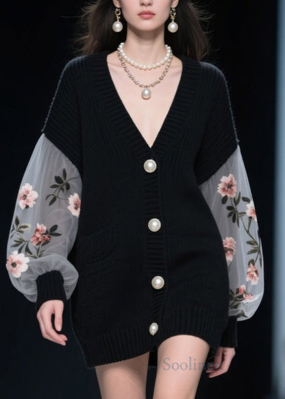 Style Black Button Tulle Patchwork Knit Cardigan Fall