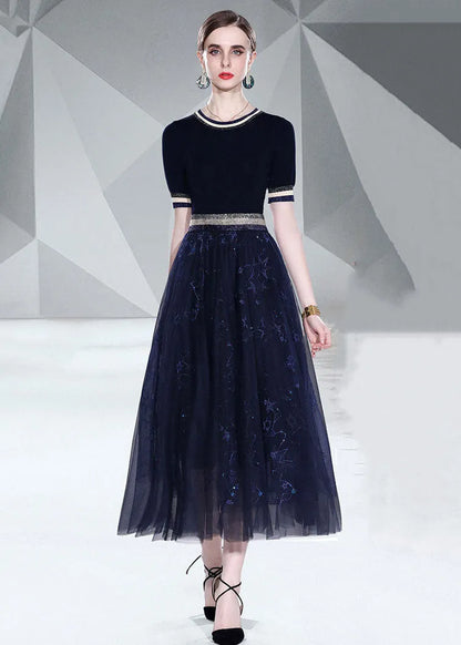 Italian Black O Neck Knit Tops and Tulle Skirts Embroideried 2 Piece Summer
