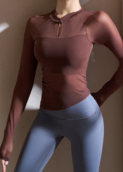 Chocolate Stand Collar Tulle Patchwork Workout Tops