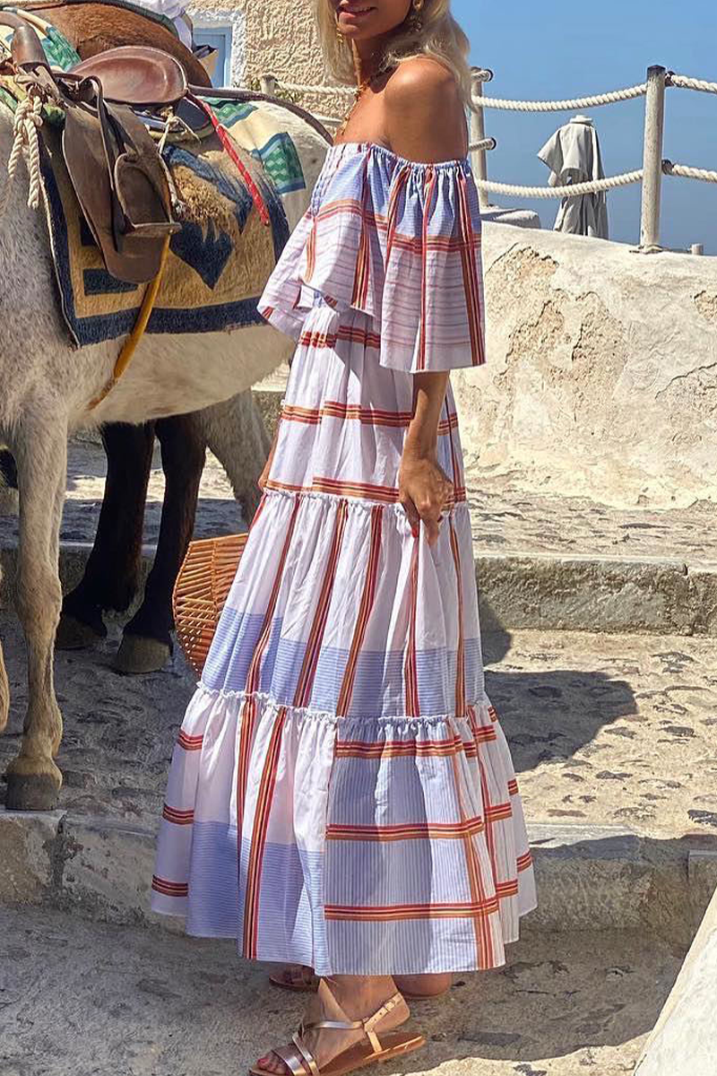 Print Patchwork Off the Shoulder Cake Dresses(3 Colors)