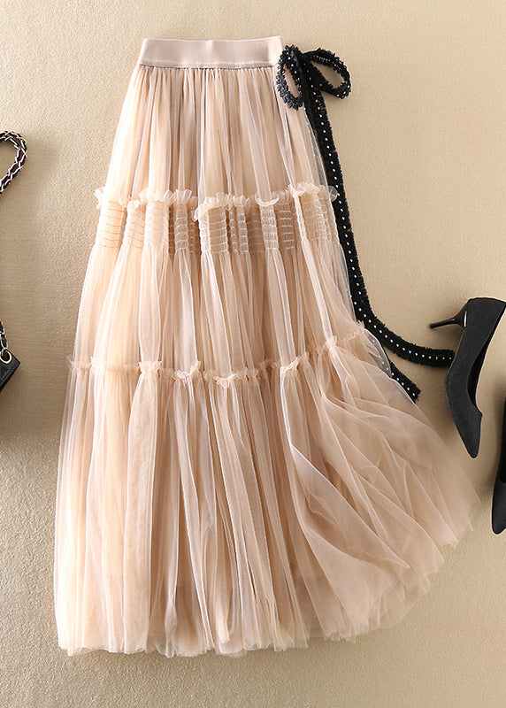 Loose Beige Bow Wrinkled Tulle Skirt Spring