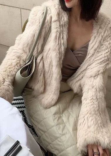 Coffee Hooded Color Rabbit Hair Knit Jacket Winter