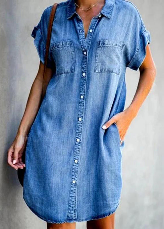 Light Blue Peter Pan Collar Button Denim Mid Shirt Dress Summer