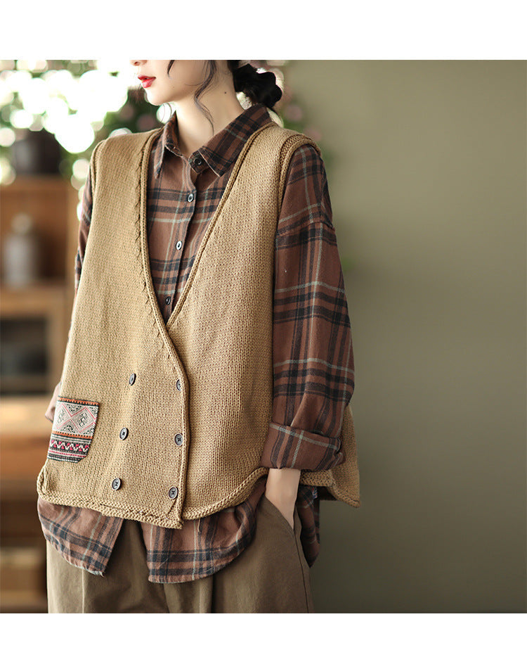 Knit Loose Double-breasted Patch Vest