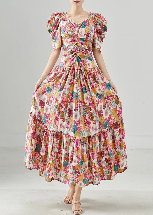 Puff Sleeve Print Cotton Maxi Dresses Summer