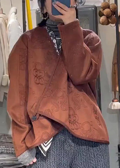 Jacquard Coffee Asymmetrical Button Cotton Coat Fall