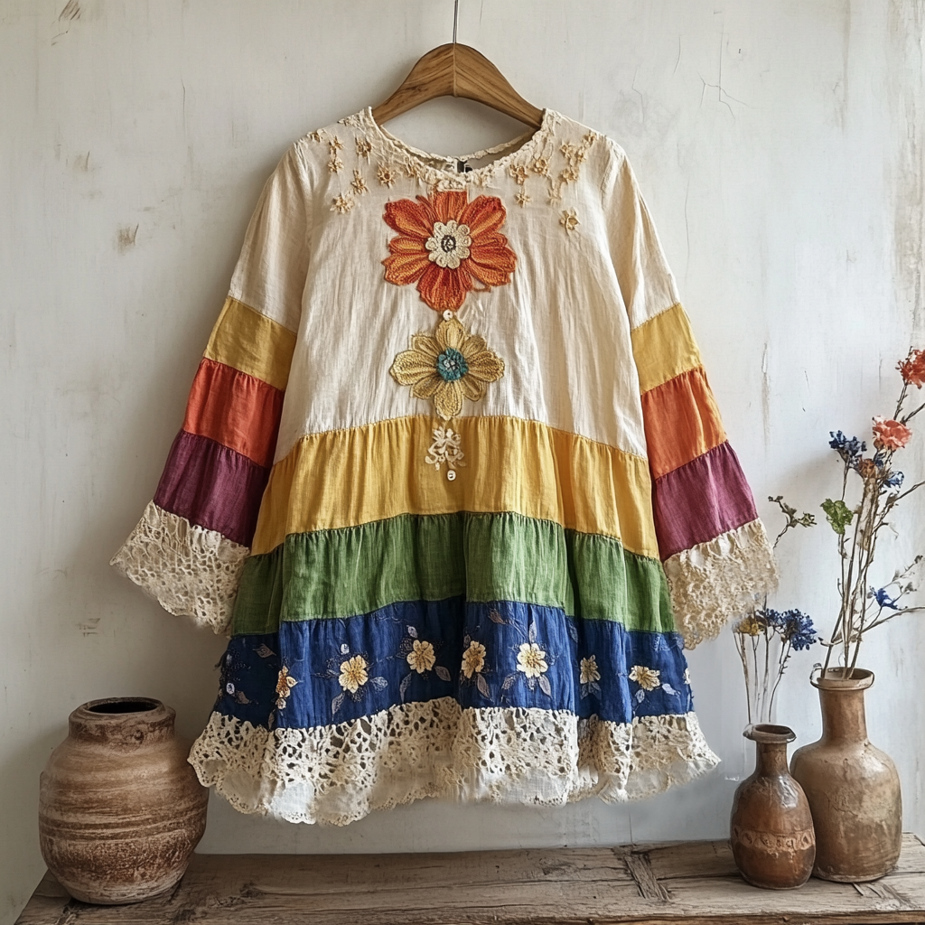 Vintage Bohemian Floral Rainbow Linen Shirt elevenforest