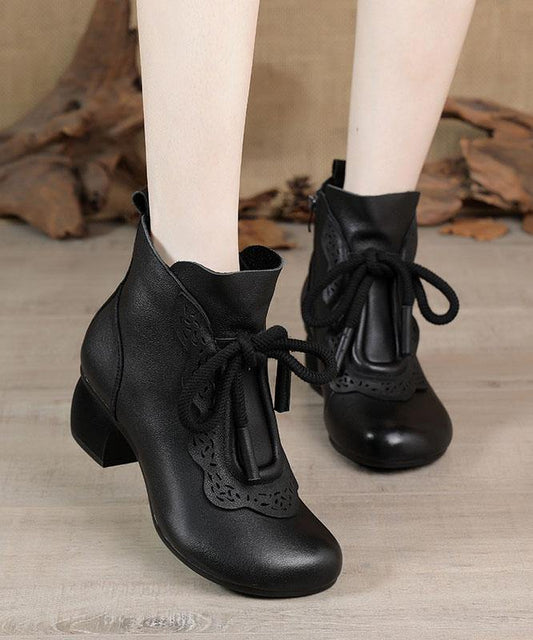 Black Zippered Cowhide Leather Boots Lace Up Boots