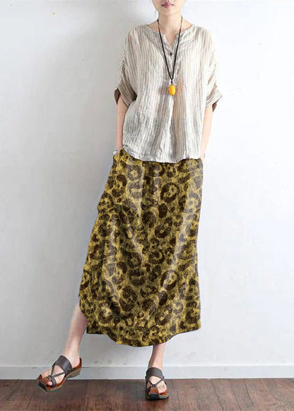 White Flowers and Birds Oversized Linen Skirts Asymmetrical Design Elastic Waist Long Skirt
