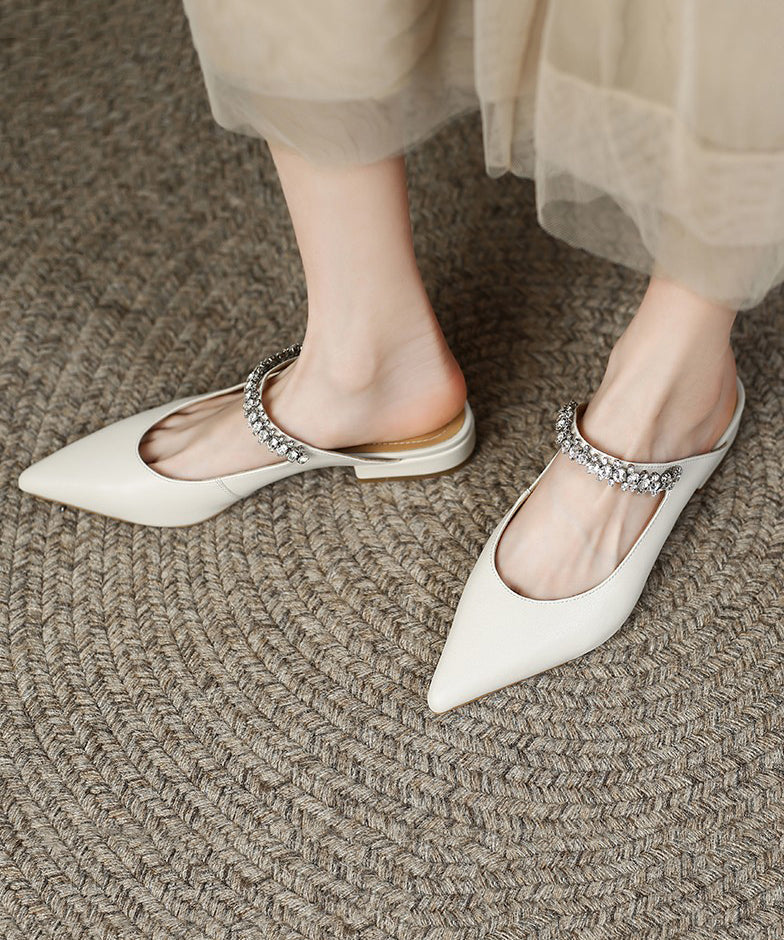 Beige Flat Sandals Faux Leather Pointed Toe Splicing Zircon