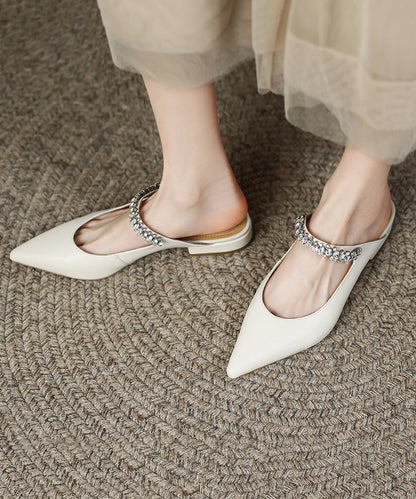 Beige Flat Sandals Faux Leather Pointed Toe Splicing Zircon