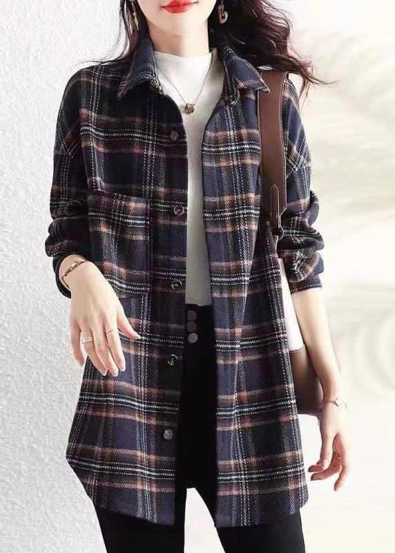 Navy Peter Pan Collar Plaid Cotton Shirt Coats Spring