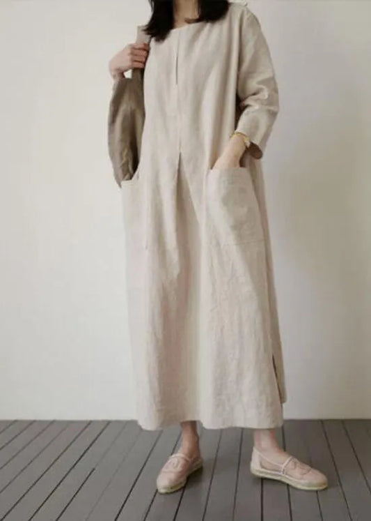 Italian Beige O-neck Side Open Cotton Dress Spring