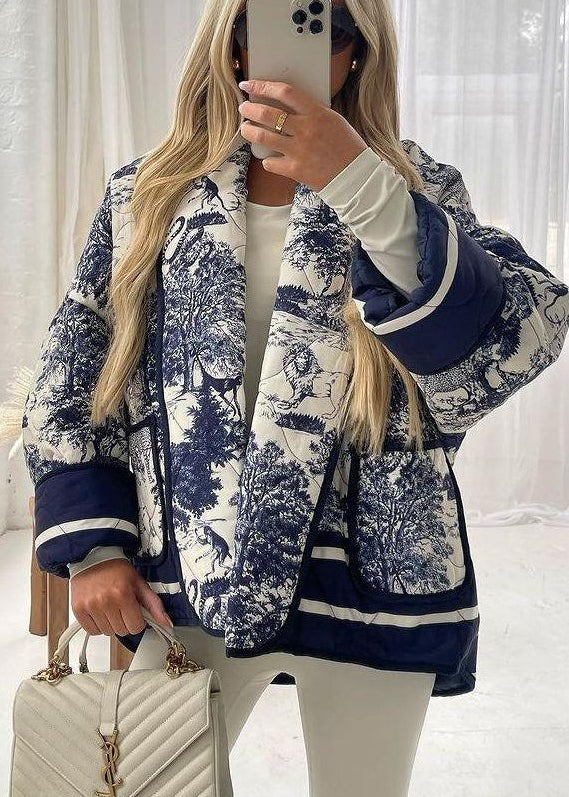 Handmade Navy Pockets Print Fine Cotton Filled Coat Fall