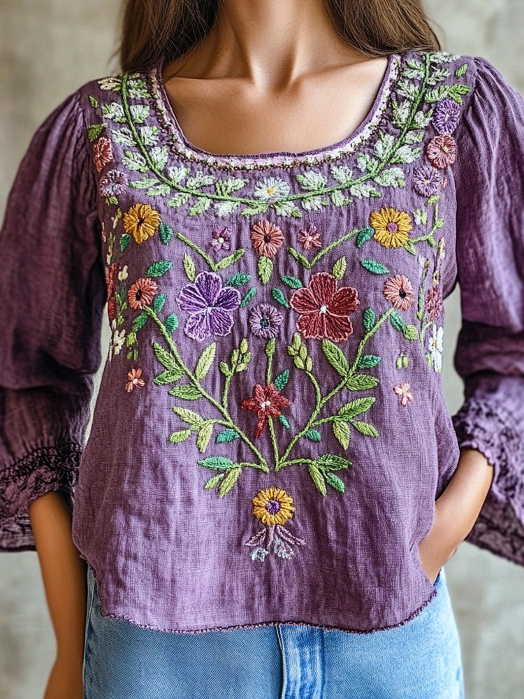 Purple Ethnic Floral Embroidery Vintage Women's Linen Shirt elevenforest