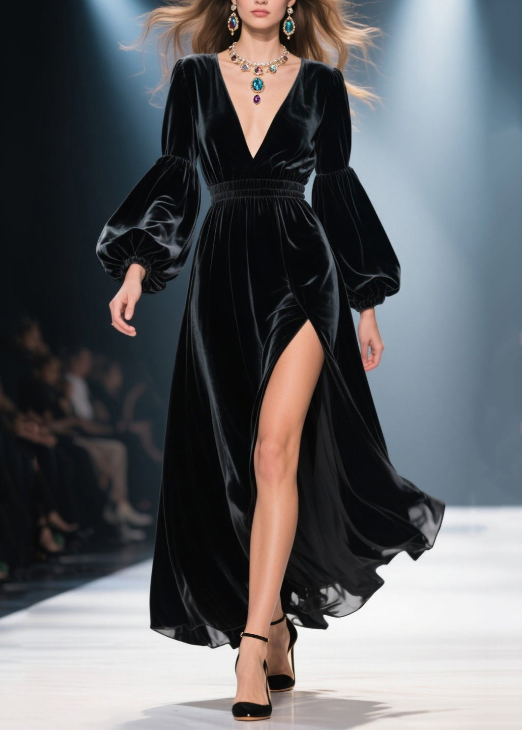 Black V Neck Side Open Velvet Long Dress Fall