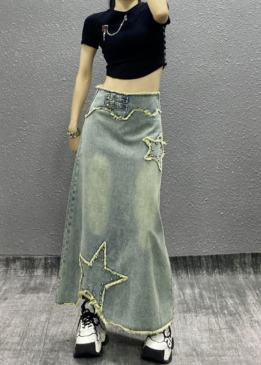 Blue Tasseled Nail Bead High Waist Denim Skirts Spring