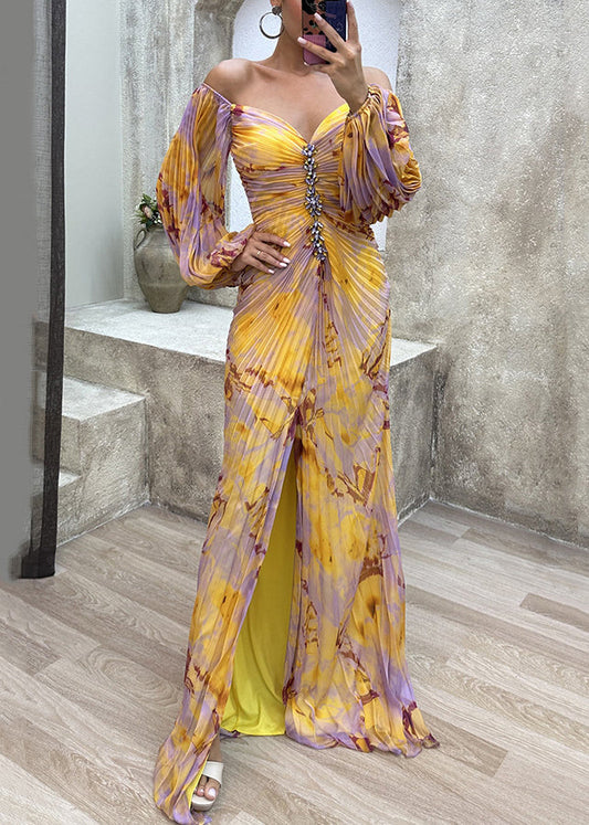 Yellow Wrinkled Side Open Ankle Dress Spring