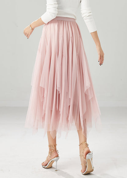 Pink Elastic Waist Exra Large Hem Tulle Skirts Fall