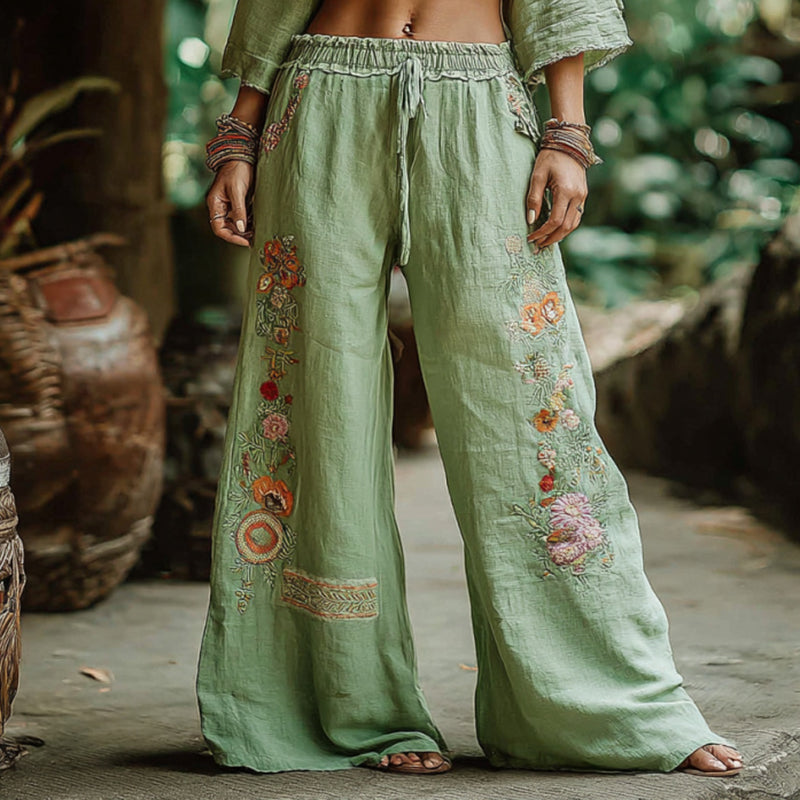 Women's Retro Bohemian Floral Art Linen Pants elevenforest