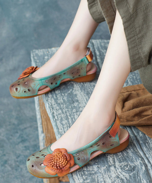 Green Cowhide Leather Hollow Out Flower Sandals