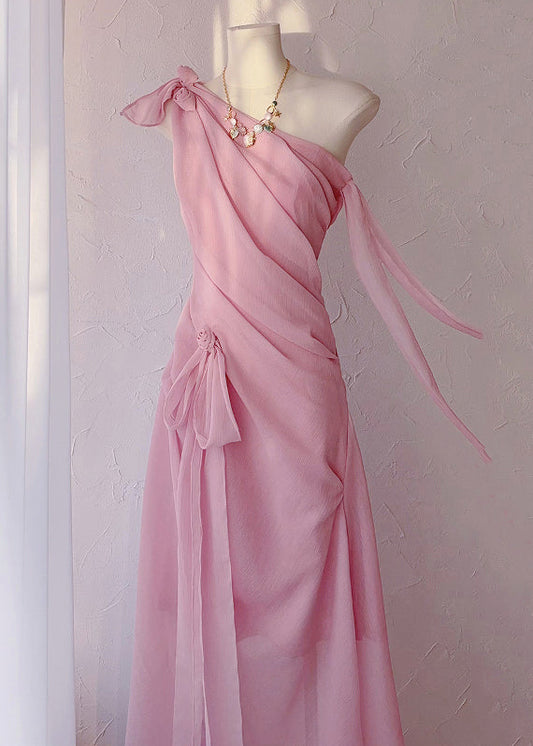 Pink Cold Shoulder Lace Up Chiffon Long Dress Sleeveless