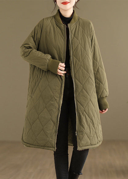 Khaki Pockets Zippered Warm Fleece Coat Winter