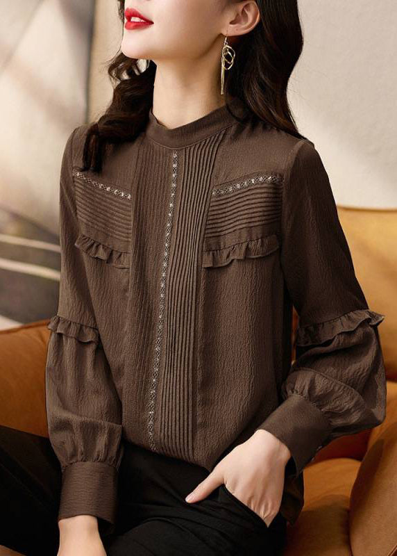 Stylish Chocolate O-neck Ruffled Patchwork Shirt Spring
