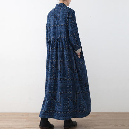 Blue Loose Button Linen Print Dress