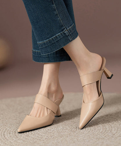 Apricot Faux Leather Fine High Heels Slide Sandals Pointed Toe