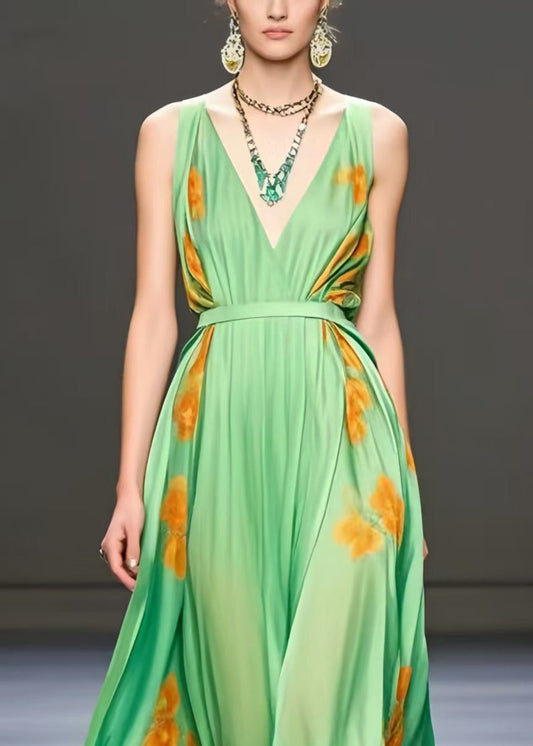 Light Green Print Exra Large Hem Silk Cami Dress Summer