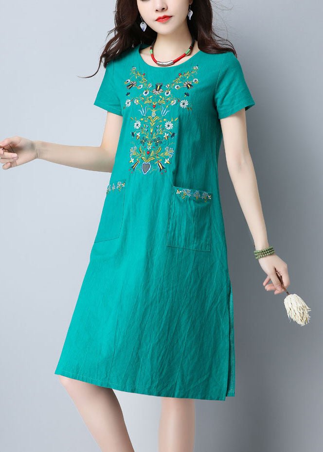 Green O-neck Side Open Embroidered Pockets Cotton Dresses Short Sleeve
