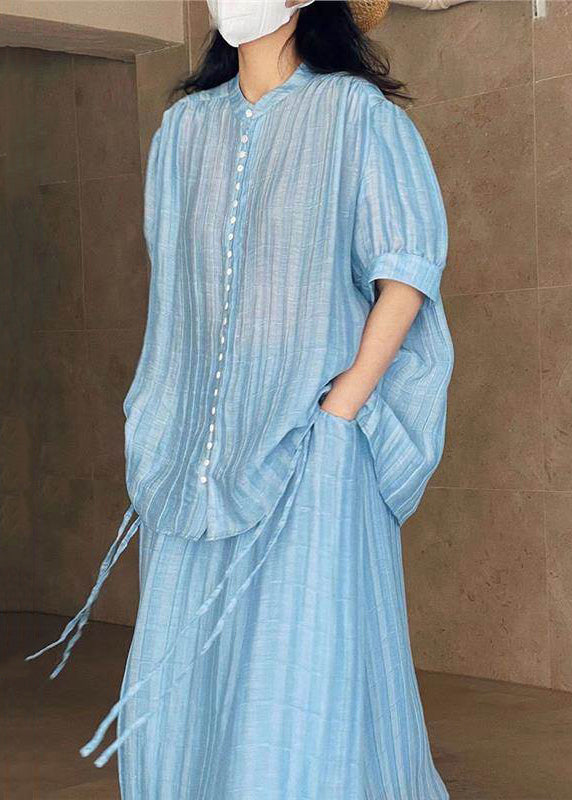 Loose Blue Button Blouses and Skirts Two Pieces Set Summer