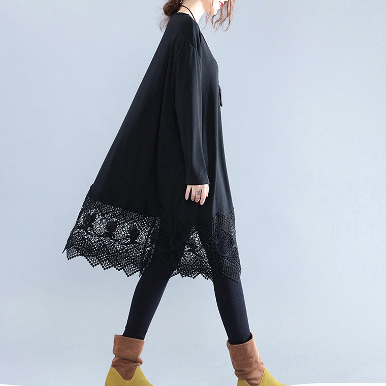 Fine Black Cotton Dresses Cotton Clothing Dresses Fine Lace Ruffles Long Sleeve Cotton Dresses