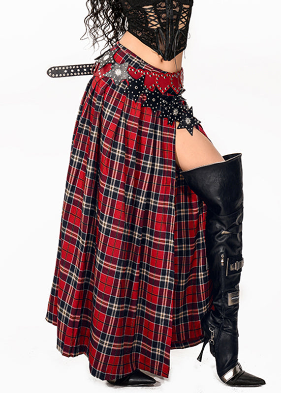 Red Asymmetrical Red Plaid Side Open a Line Skirt Summer